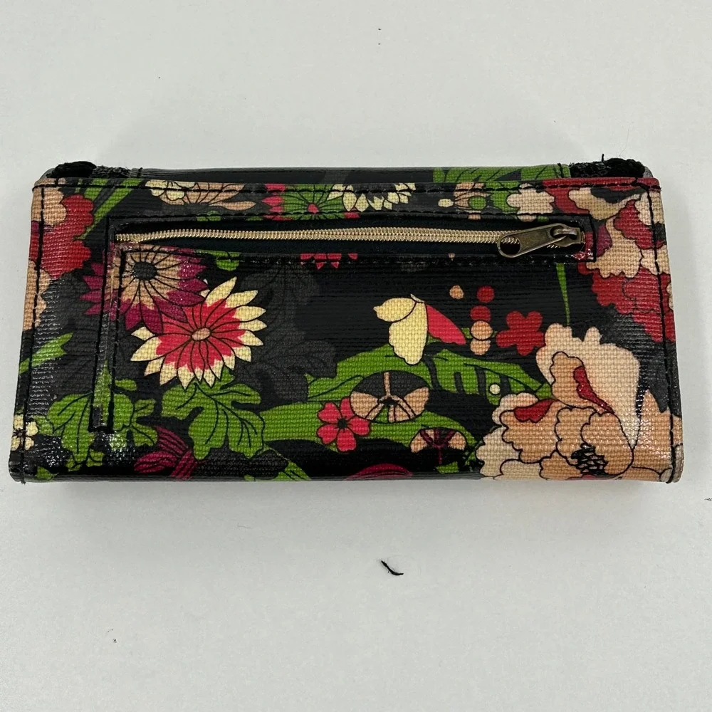 Sakroots Artist Circle Black Floral Sequin Trifold Wallet Snap Closure